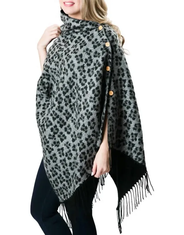 Reversible Leopard Print Fringe Button Wrap Shawl Poncho