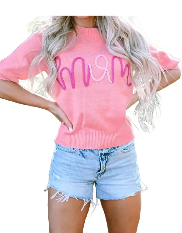 Mom Tinsel Front Short Sleeve Sweater