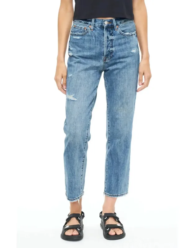 Charlie High Rise Straight Jeans - Textured Look, Exposed Button Closure