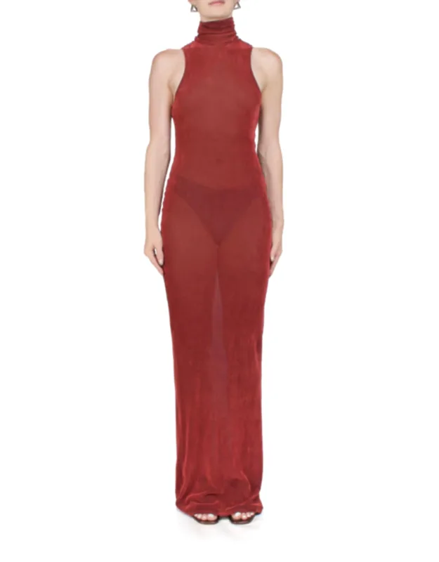 Velvet Mesh Turtleneck Maxi Dress