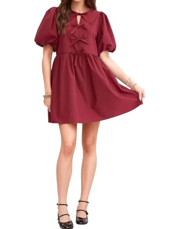 Puff Sleeve Bow Detail Mini Dress