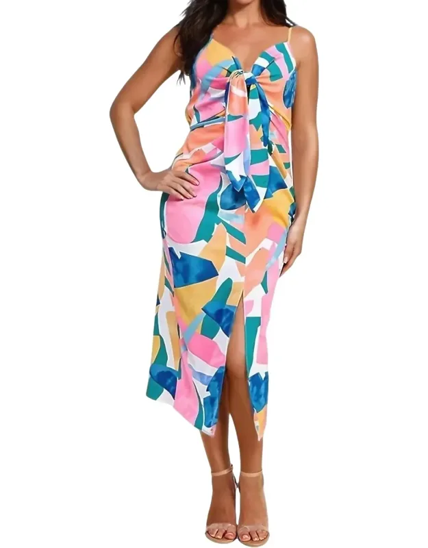 Printed Front Tie Midi Dress