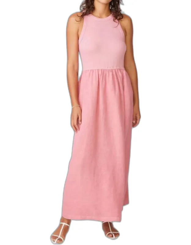 Linen Mixed Media High Neck Maxi Dress