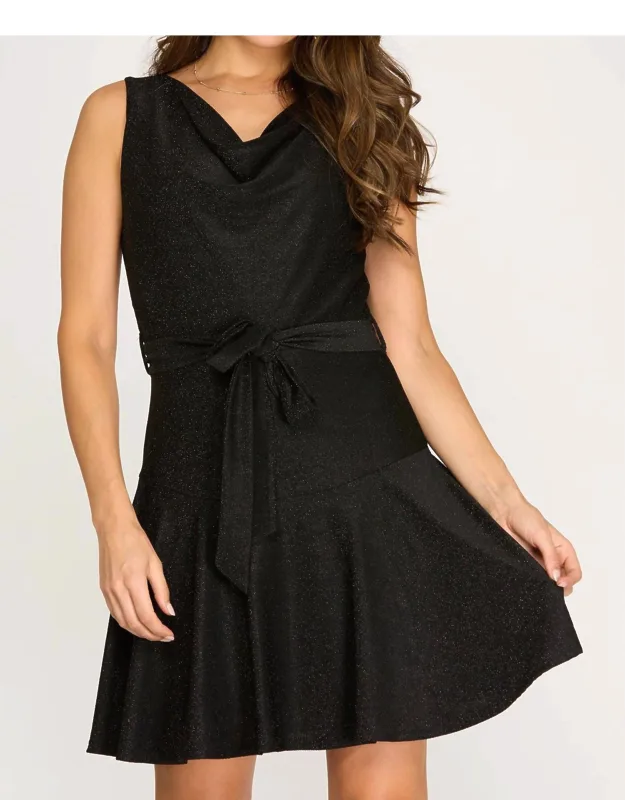 Sleeveless Cowl Neck Lurex Flare Dress With Sash