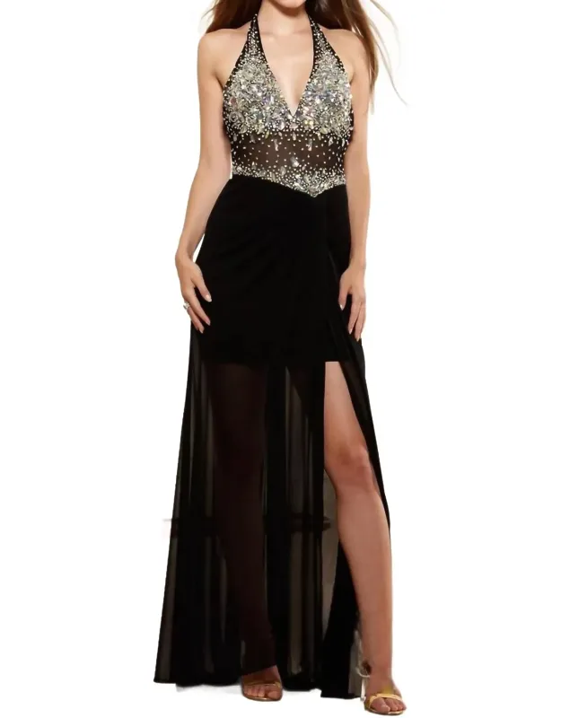 Plunging Beaded Halter Prom Dress