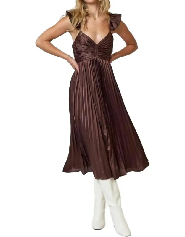 Pleated Satin Ruffle Strap Midi Dress