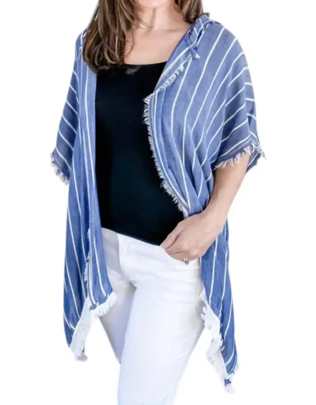 Denim Striped Hoodie With Fringe Detail