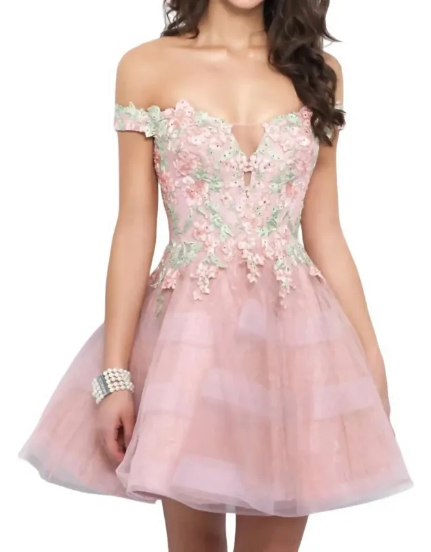 Off Shoulder Floral Applique Homecoming Dress