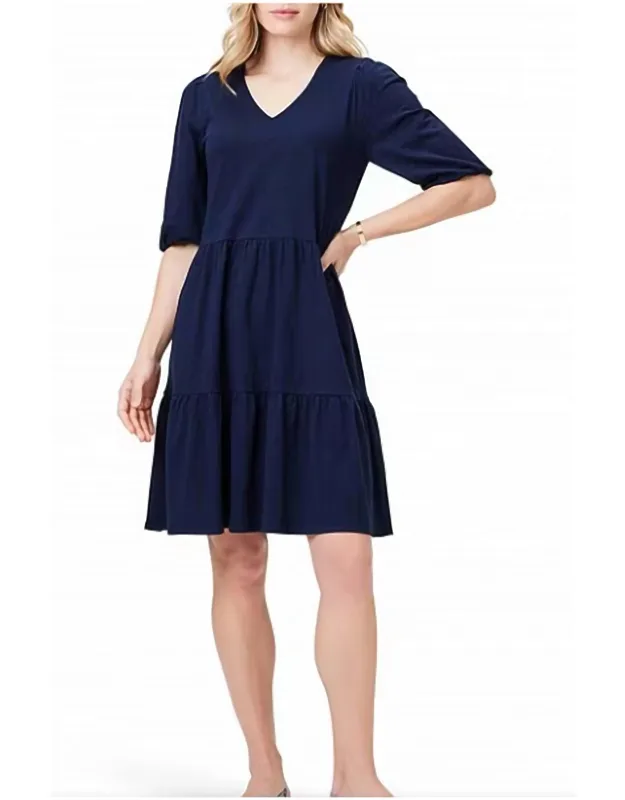 V Neck Elbow Sleeve Tiered Dress