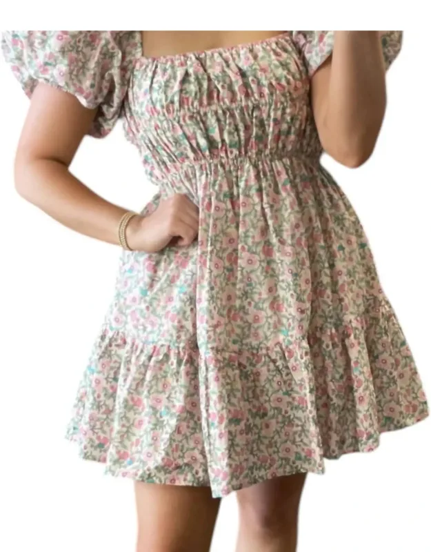 Multi Floral Bubble Sleeve Dress