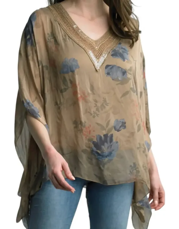 Crochet Silk Print Poncho
