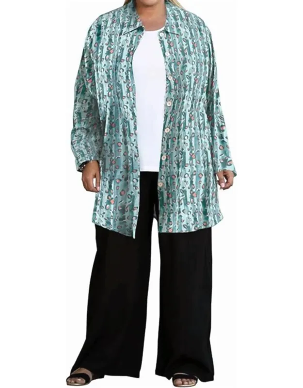 Printed Long Sleeve Chiffon Button Up Tunic