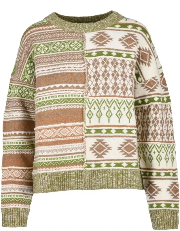 Crew Neck Sweater - Patchwork Design, 100% Pure Wool