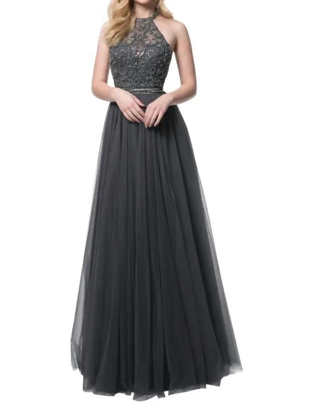 Beaded Halter Tulle Skirt Prom Dress