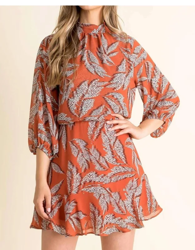 Leaf Print High-neck Dress