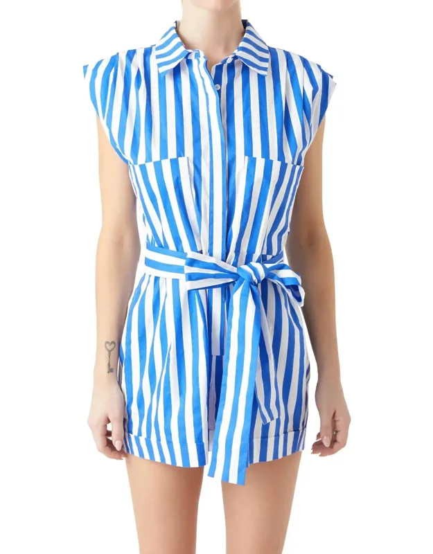 Striped Pintuck Tie Belt Romper