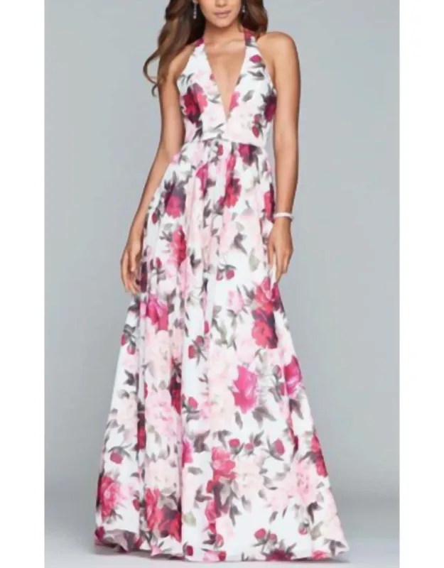 Halter V-neck A-line Floral Dress