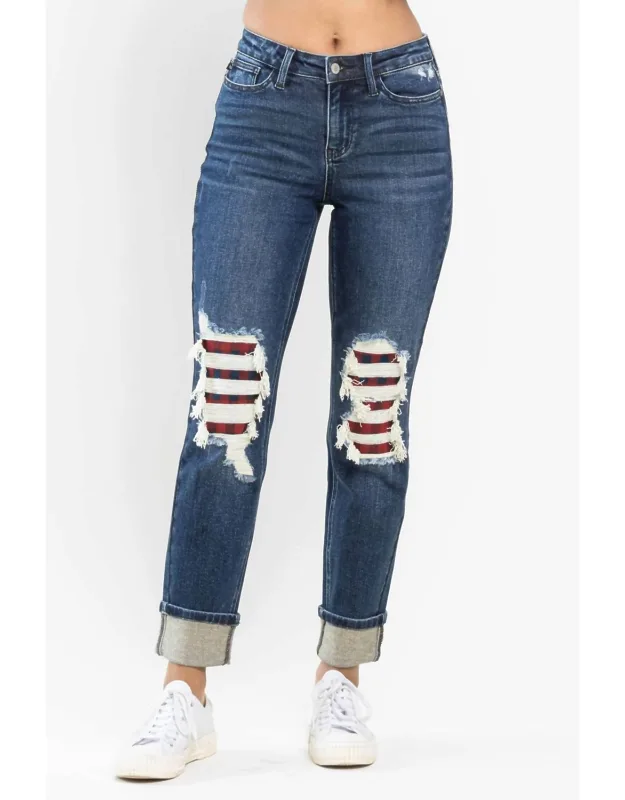 Midrise Buffalo Plaid Patch Destroyed Boyfriend Jeans