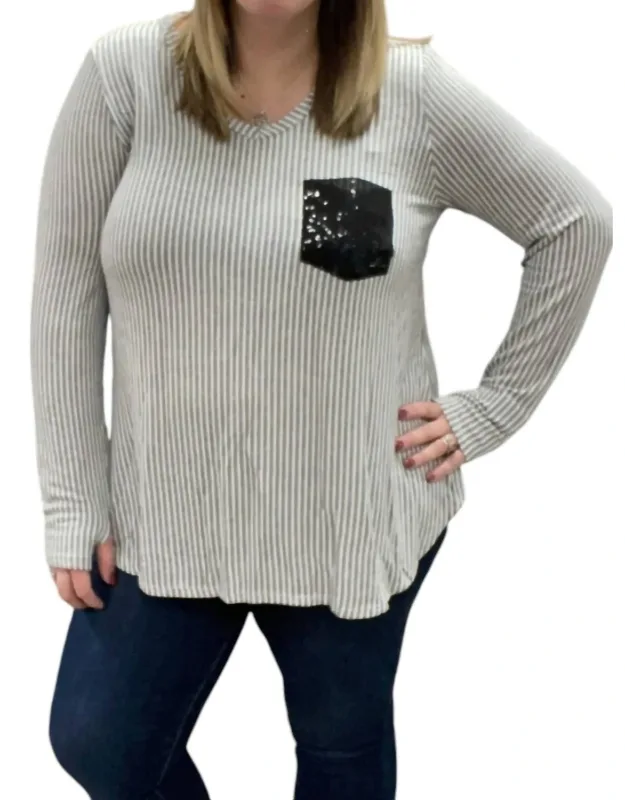 Sequin Pocket V-neck Long Sleeve Tee
