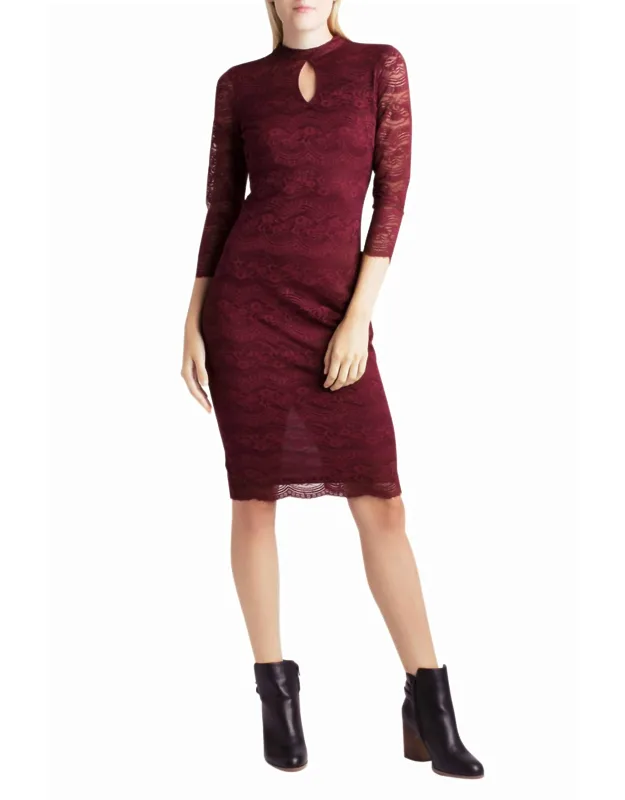High Neck Key Hole Bodycon Floral Lace Dress
