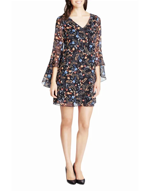 Unlined Chiffon Sleeve High Low Cuff Ruffle Detail V-neck Shift Dress