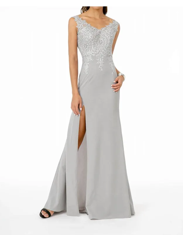 Embroidered Bodice V-neck Jersey Long Dress