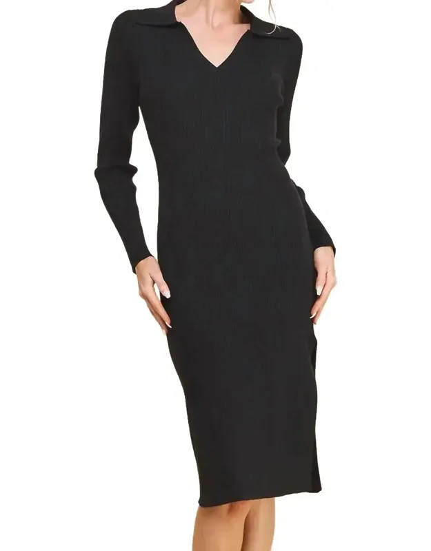 Ribbed V Neck Collar Long Sweater Dress