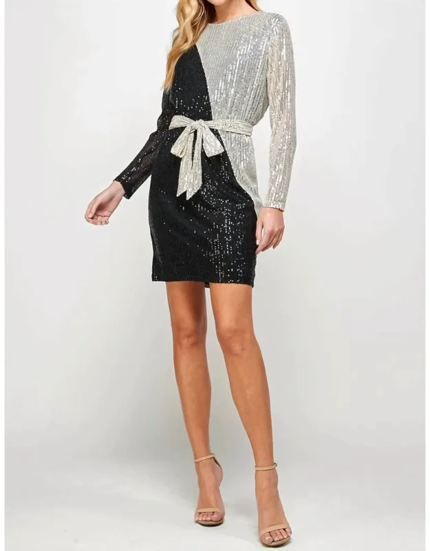 Sequin Color Blocked Long Sleeve Dress With Sash