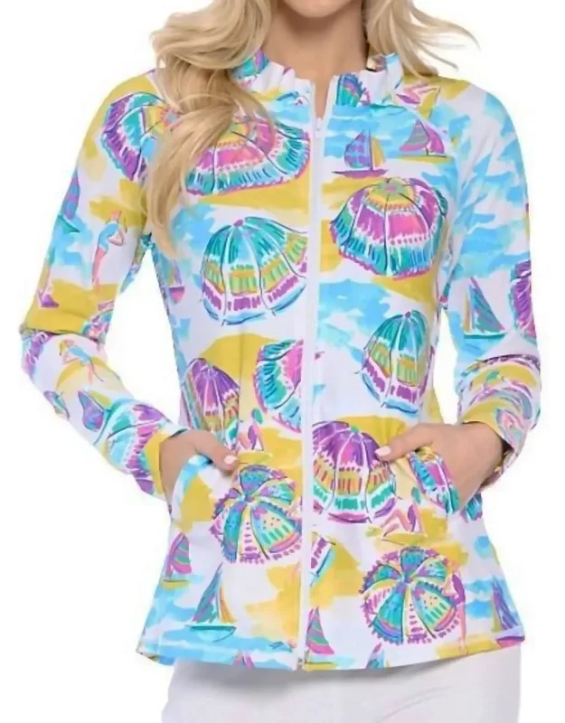 Ruffle Neck Umbrella Print Zip Jacket