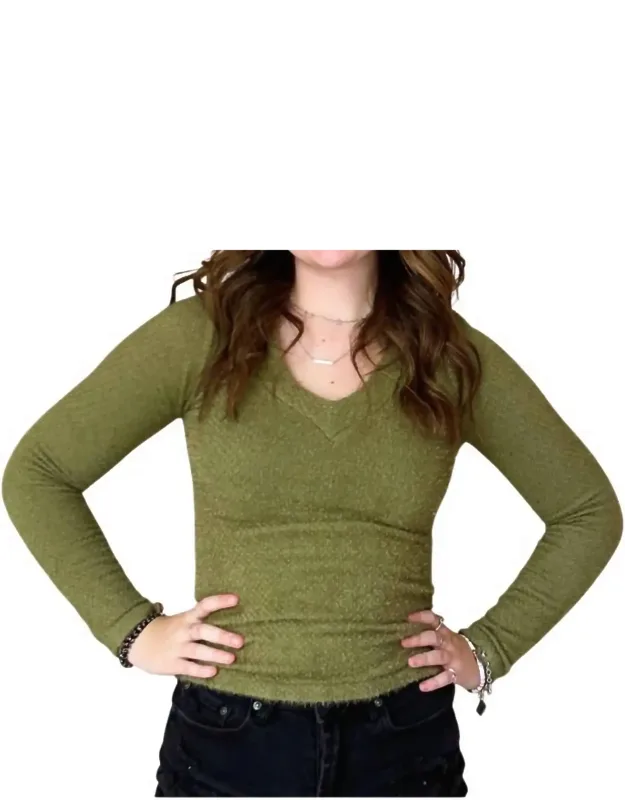 Long Sleeve Furry V Neck Sweater