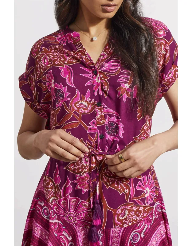 Combo Print Dress With Waist Drawcord