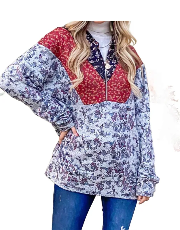 Floral Half Zip Up Hoodie Sweater