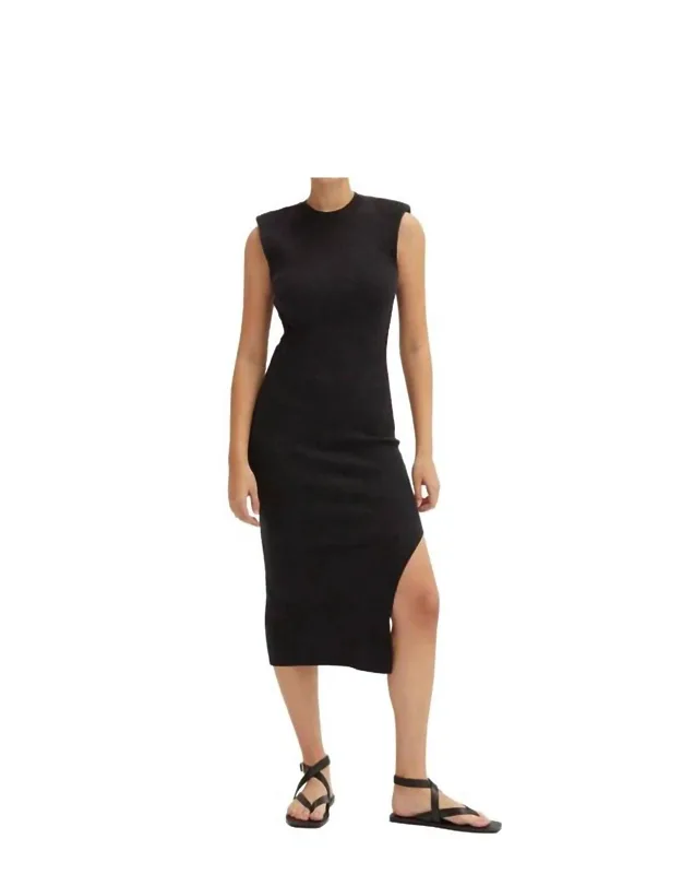 Power Shoulder Ribbed Knit Maxi Dress