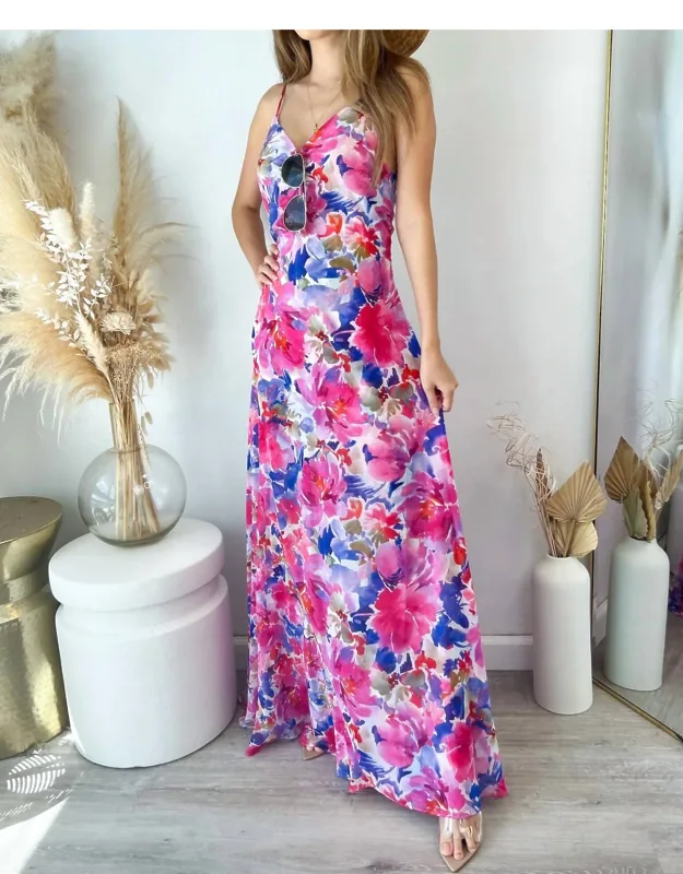 Negine Maxi Dress - Floral Pattern, V-neckline