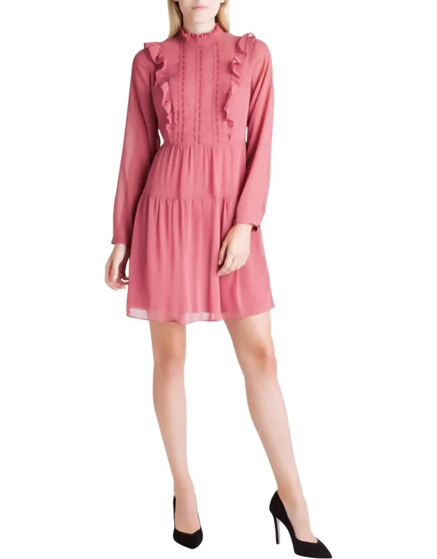 Crinkle Chiffon Long Sleeve Ruffle Front Mock Neck Dress