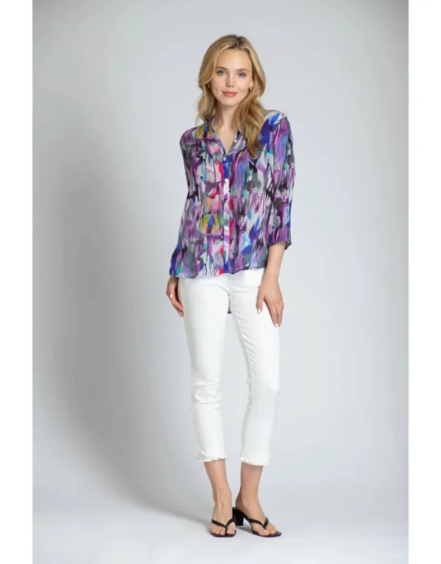 Brush Stroke ¾ Sleeve Mandarin Collar Button Up Blouse