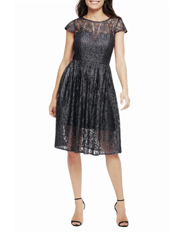 Foil Lace Short Sleeve Fit And Flare Dress