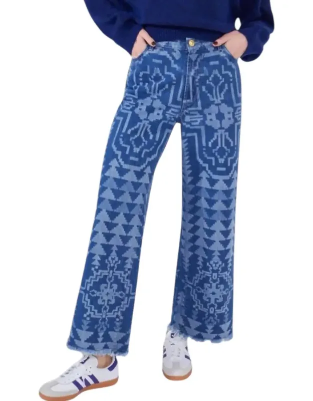 Laser Printed Cropped Wide Leg Jeans