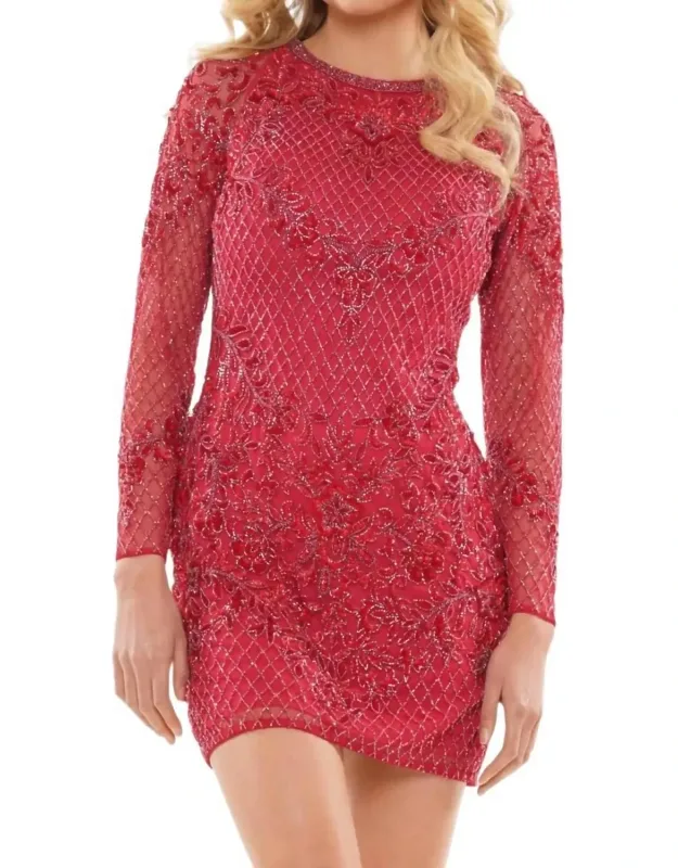 Beaded Long Sleeve Cocktail Dress