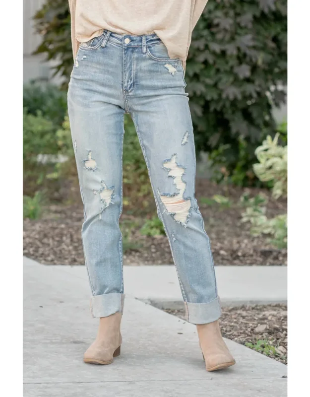 High Waist Double Cuff Fray Hem Distressed Boyfriend Jeans