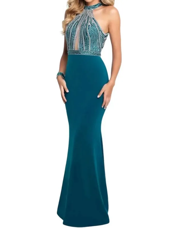 Sheer Beaded Keyhole Dress