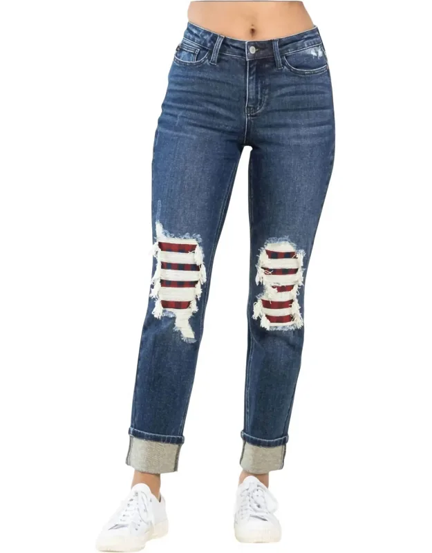 Buffalo Plaid Destroyed Knee Boyfriend Jeans