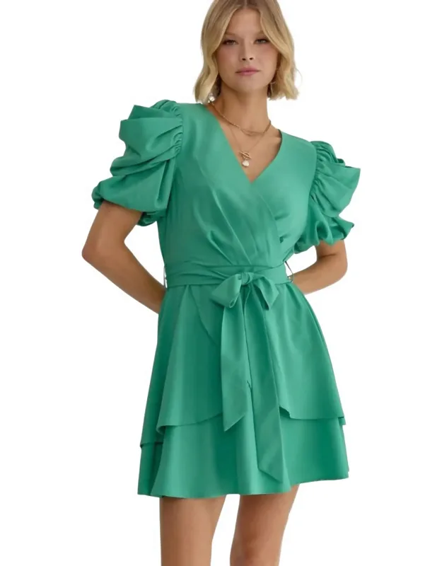 Surplice Ruched Sleeve Tiered Mini Dress