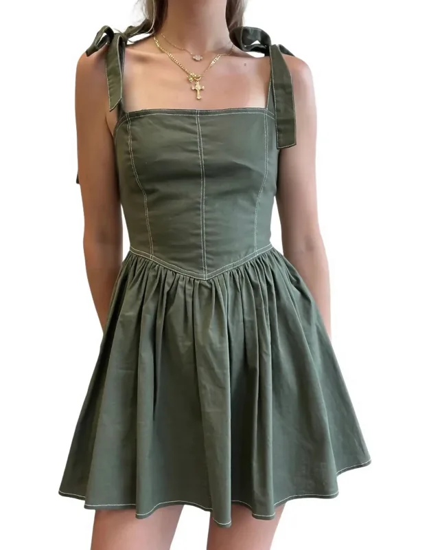 Pocketed Linen Shoulder Tie Mini Dress