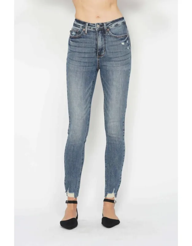 High Waist Tummy Control Vintage Wash Destroyed Hem Skinny Jeans