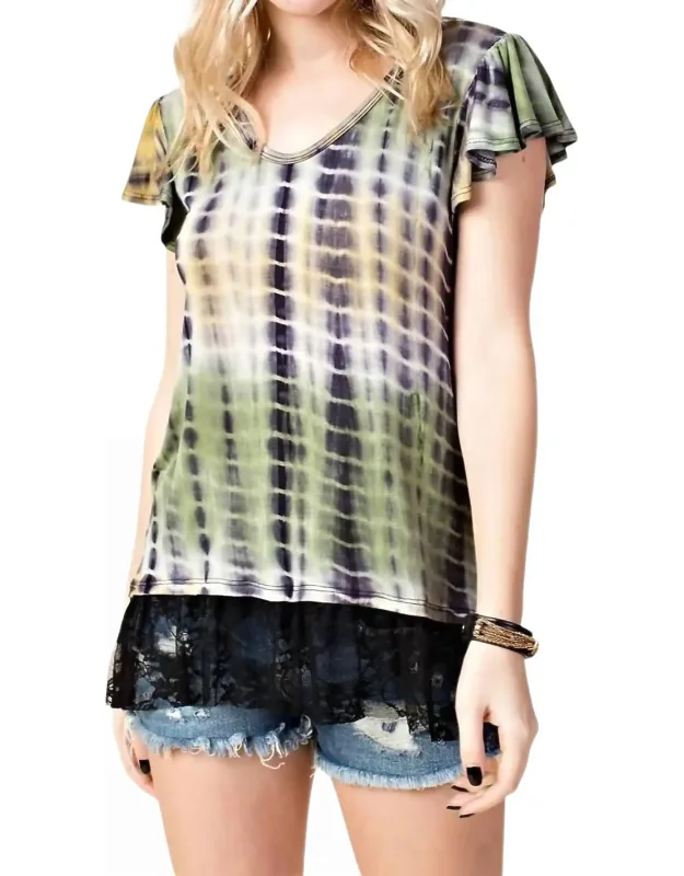 Tie Dye Short Sleeve Lace Detail Top