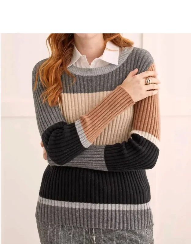 Ribbed Color Block Crew Neck Sweater