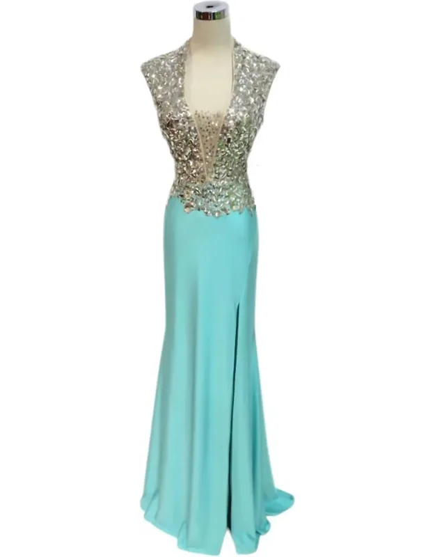 Crystal And Sequins Embellished Jersey Prom Dress