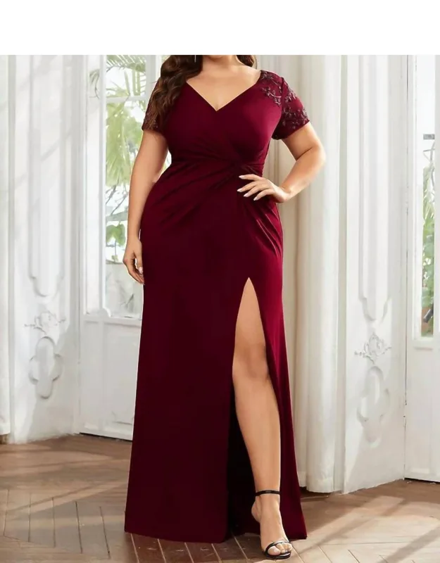 Front Slit Short Sleeve Dress With Sequin