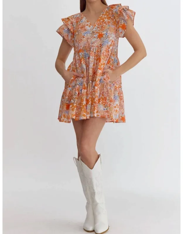 Ruffle Sleeve And Pocket Floral Mini Dress
